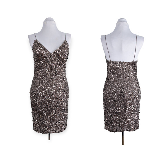 Adrianna Papell Silk Slip Dress Sequin Mini Sleeveless New Years Party Brown 8 - Picture 1 of 12